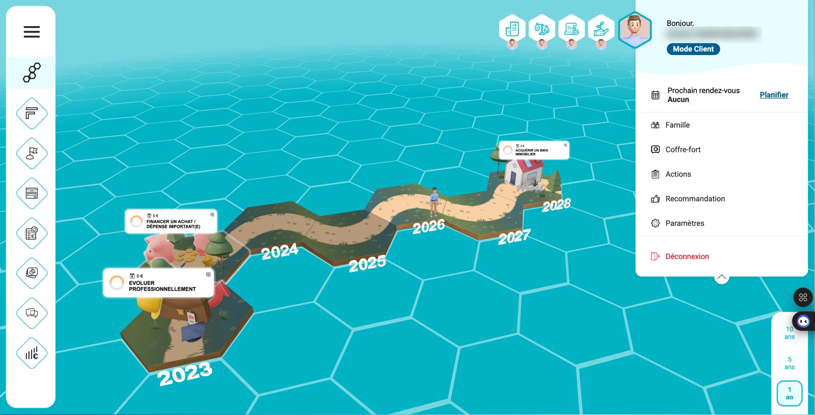 Aperçu de l'espace patrimonial Véloci : votre timeline 3D d'objectifs et tableau de bord